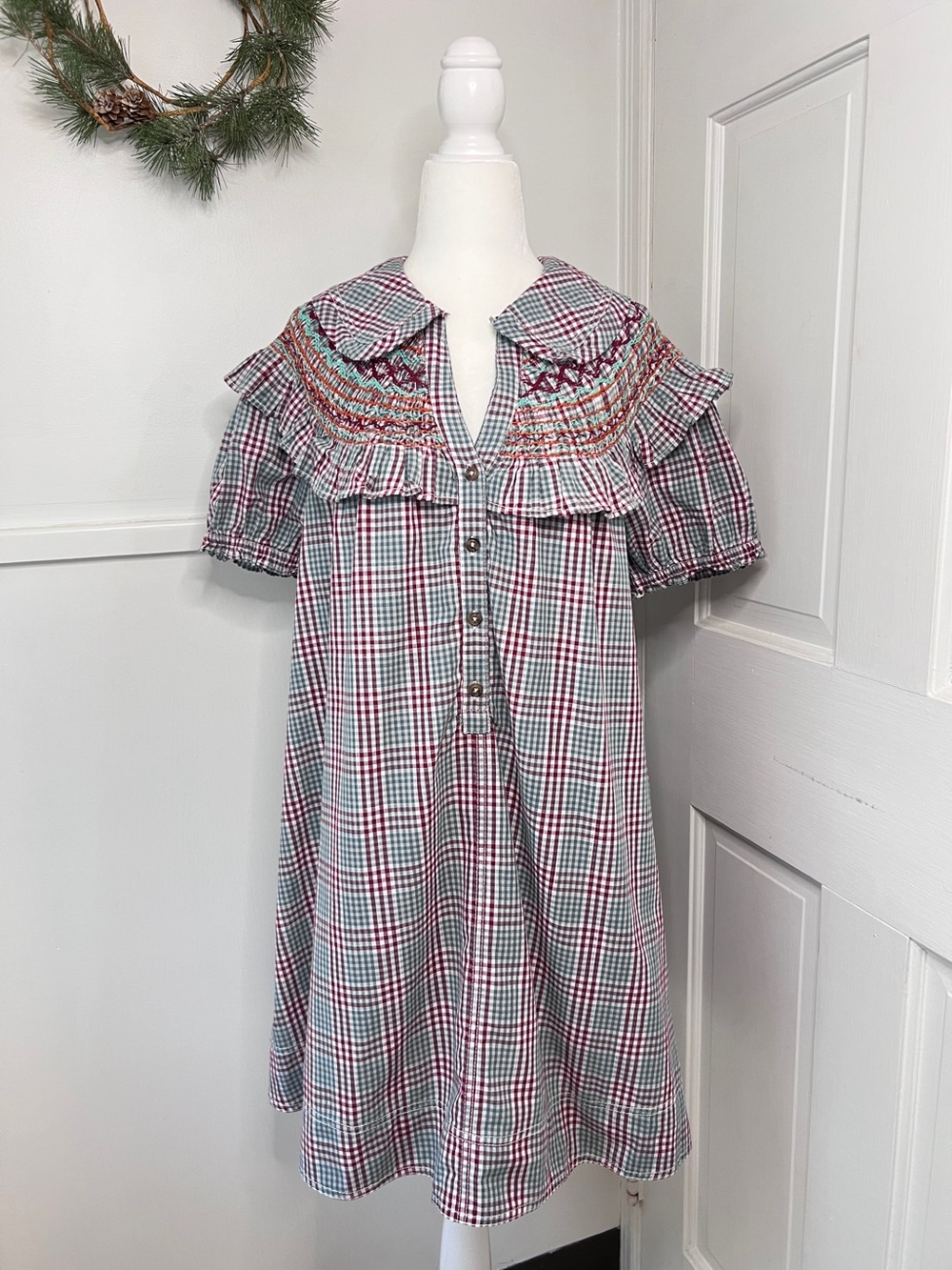 Anthropologie Pilcro V-Neck Smocked Babydoll Mini Dress Blue Motif NWT